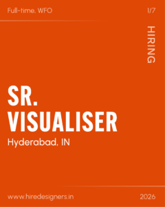 Orange recruitment poster with large white text 'HIRING' vertically on the right and 'VISUALISER' across the lower area; includes website www.hiredesigners.in and location Hyderabad, IN.