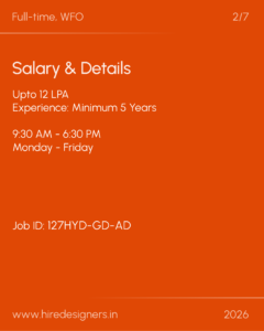 Job posting: full-time, in-office role; salary up to 12 LPA; minimum 5 years experience; 9:30 AM–6:30 PM, Monday–Friday; Job ID 127HYD-GD-AD; hiredesigners.in