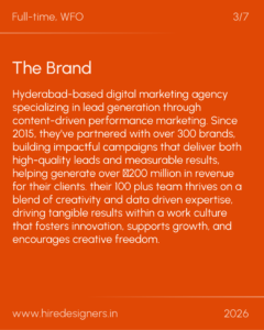 Orange branding page header with the large title 'The Brand' and a long descriptive paragraph about a Hyderabad-based digital marketing agency; includes 'Full-time, WFO' at top-left and 'www.hireddesigners.in' bottom.