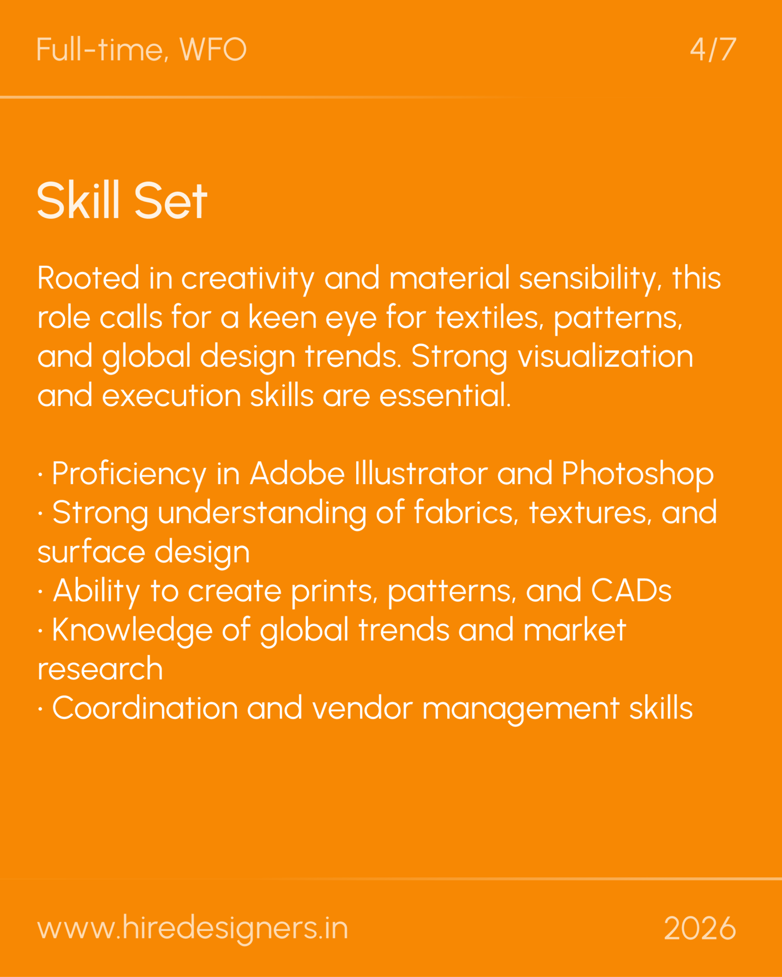 Textile Designer-NOI_12 - Hire Designers Orange infographic with large 'Skill Set' headline and bulleted design skills list in white text on orange background.
