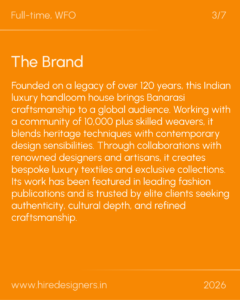 Orange poster with large 'The Brand' heading and long white paragraph about the brand; includes www.hireddesigners.in and 2026.