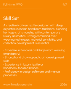 Orange poster titled 'Skill Set' listing textile design skills and expertise with bullet points and a URL on an orange background.