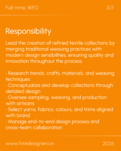 Orange slide with the word 'Responsibility' and a long descriptive paragraph about leading textile collection creation, research trends, and design processes; includes the website www.hiredesigners.in and 2026 at the bottom.
