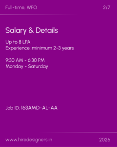 Infographic slide with job details: Full-time, WFO, salary up to 8 LPA, hours, and job ID on a purple background.
