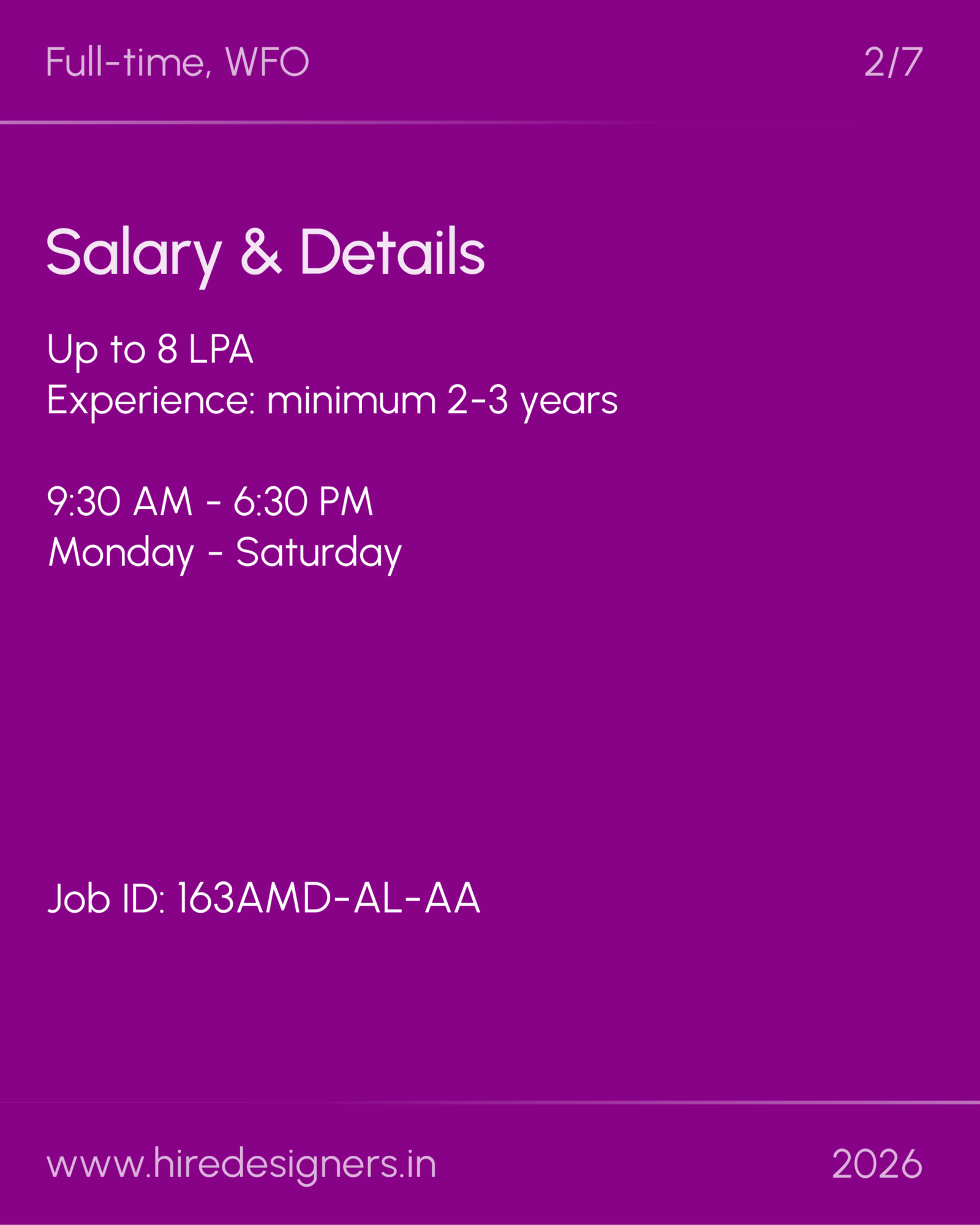 Architectural Lighting Designer-AMD_2-02 - Hire Designers Infographic slide with job details: Full-time, WFO, salary up to 8 LPA, hours, and job ID on a purple background.