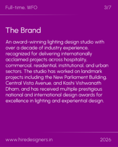Slide 3 of 7: purple background with 'The Brand' title and introductory paragraph about a lighting design studio; bottom shows 'www.hiredesigners.in' and '2026'.