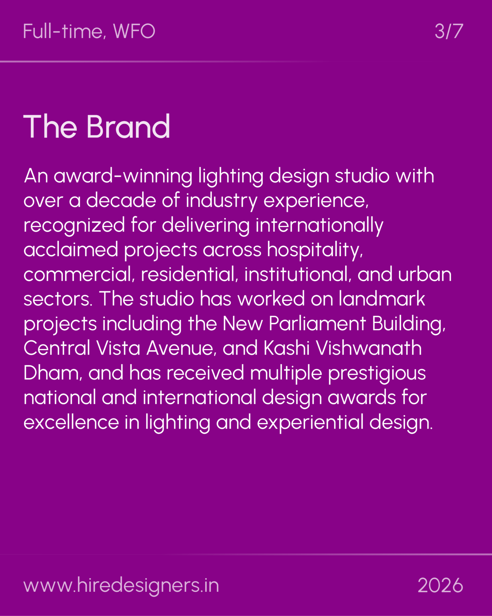 Architectural Lighting Designer-AMD_3 - Hire Designers Slide 3 of 7: purple background with 'The Brand' title and introductory paragraph about a lighting design studio; bottom shows 'www.hiredesigners.in' and '2026'.