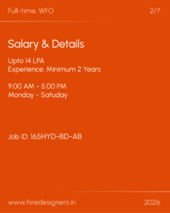 Job advertisement poster: Full-time position with salary details, work hours (9:00 AM–5:00 PM, Mon–Sat), and Job ID: 165HYD-BD-AB on an orange background.