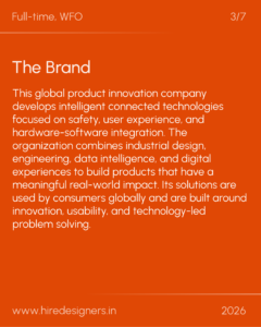 Orange branding slide with large 'The Brand' headline and lengthy paragraph describing a global product innovation company.