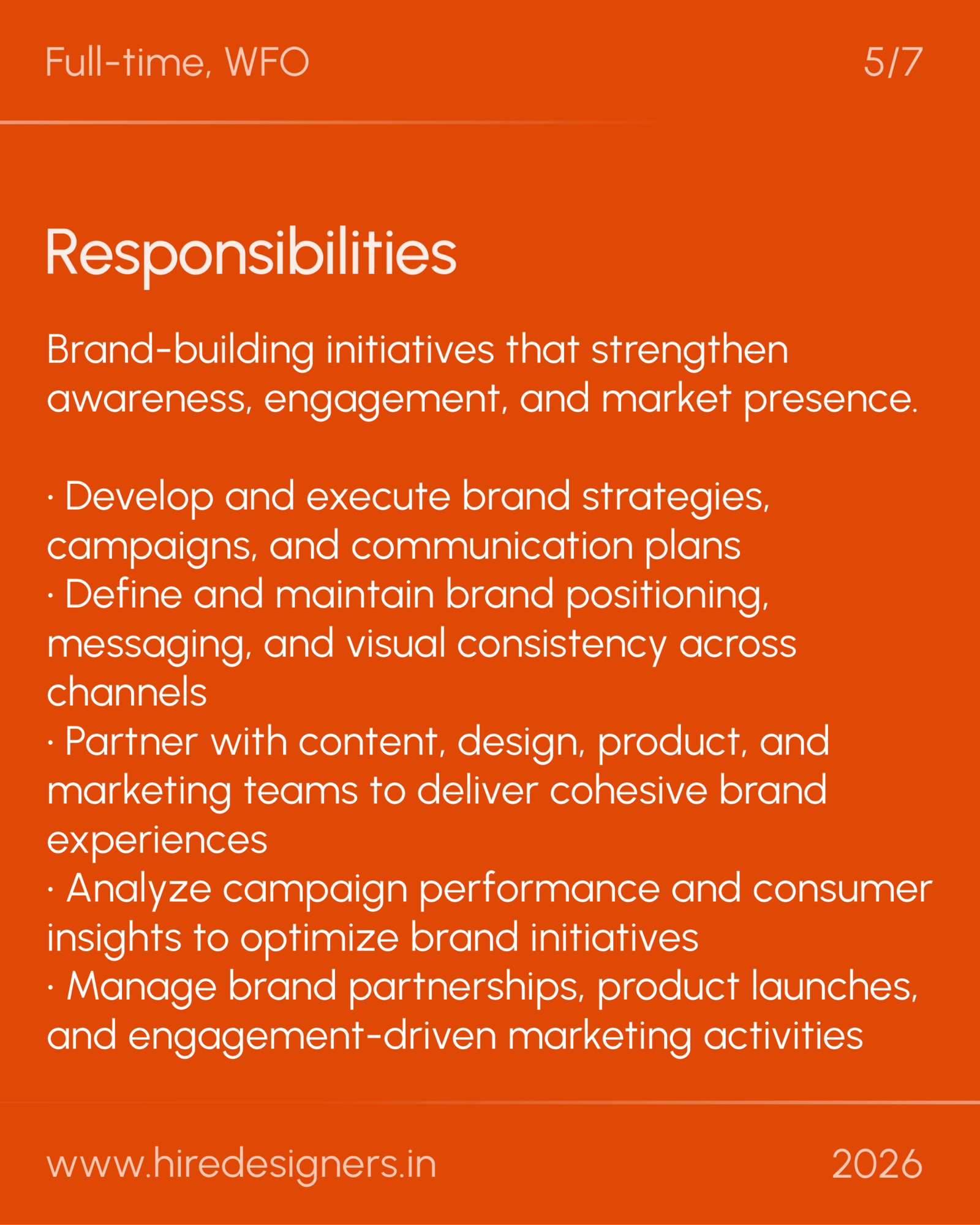 Brand Designer-HYD_29 - Hire Designers Slide with orange background reading 'Responsibilities' and bullet points about brand strategies; top-left 'Full-time, WFO', top-right '5/7'.