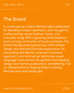 Orange poster with the heading 'The Brand' and a long descriptive paragraph about a contemporary Indian lifestyle label; bottom shows a URL and 2026.