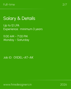 Green poster with white text: 'Full-time' at top-left and '2/7' top-right; main heading 'Salary & Details'; subtext 'Up to 12 LPA' and 'Experience: minimum 3 years'; working hours '11:00 AM – 7:00 PM' and 'Monday – Saturday'; bottom shows 'Job ID: 01IDEL-AT-AK', a website URL, and year '2026'