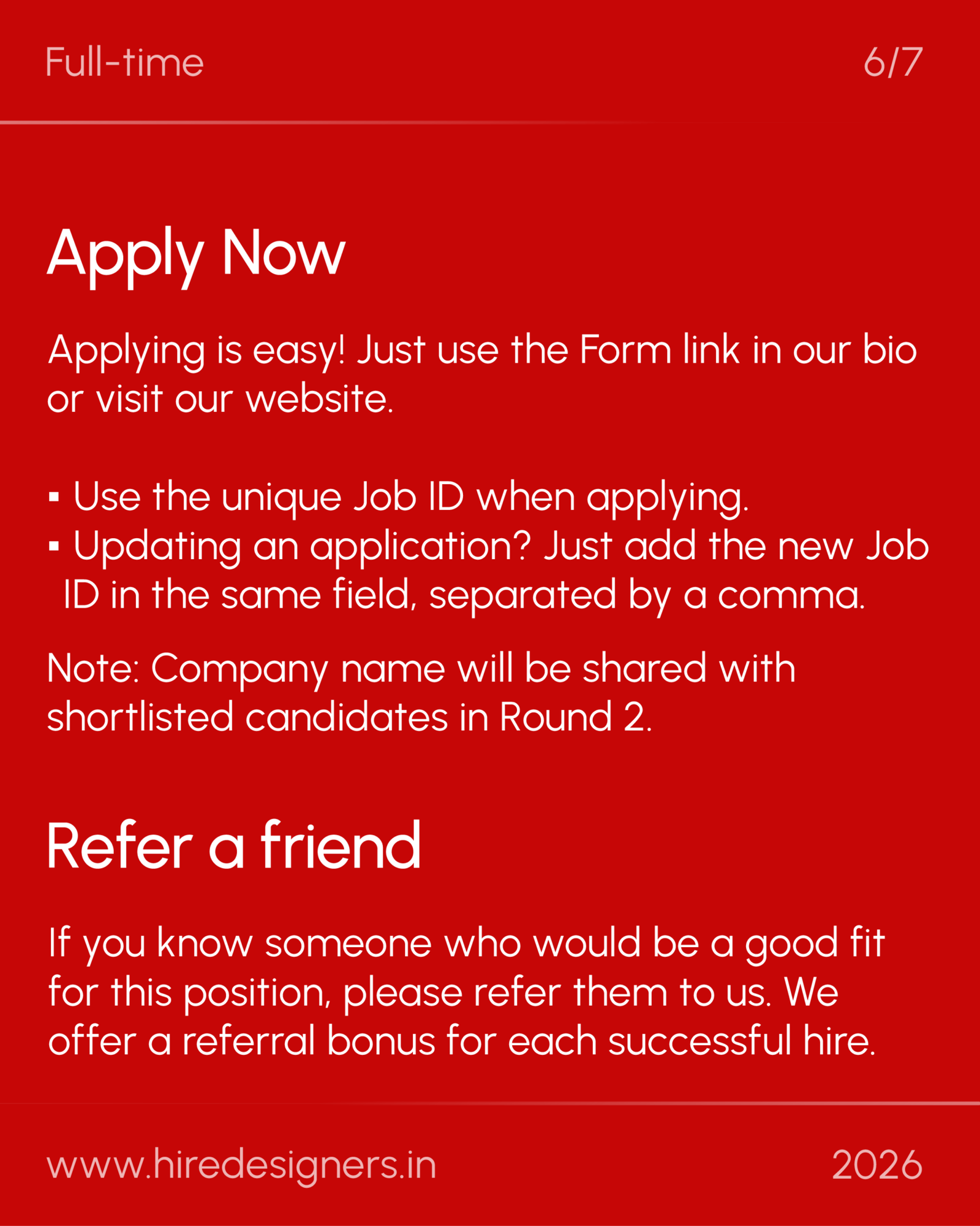Sr Motion Graphic Designer-WFH_38 - Hire Designers Red poster-style panel with large 'Apply Now' headline and bullet instructions for applying and referral notes, on a red background.