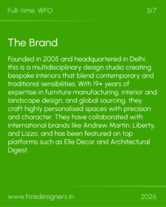 Green slide with large 'The Brand' title and a long white paragraph about a design studio; bottom shows www.hiredesigners.in and 2026.