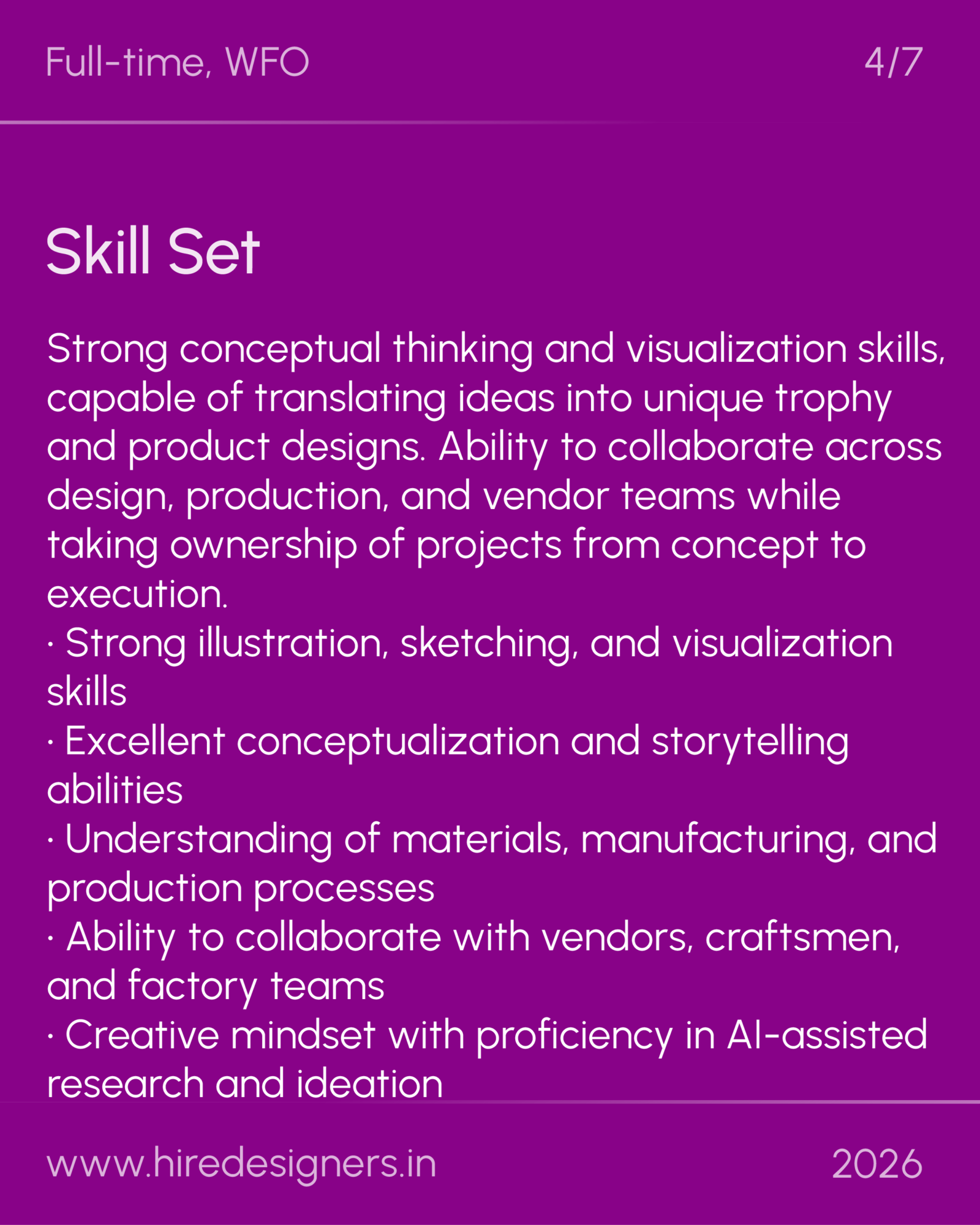 Trophy Designer-BNG_4 - Hire Designers Purple slide with the heading 'Skill Set' and a long white bullet list of design skills (conceptual thinking, visualization, collaboration, etc.) in a white font.