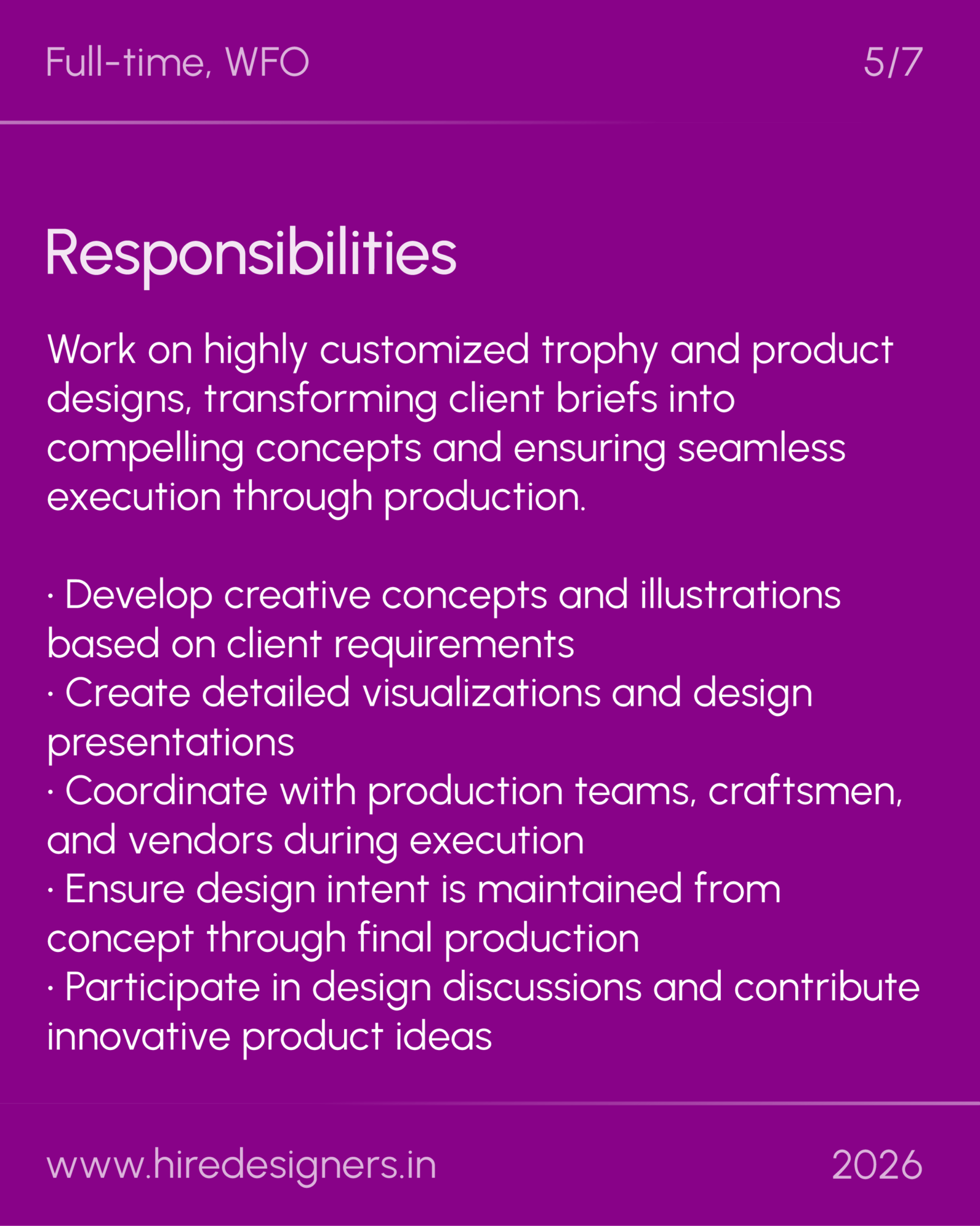 Trophy Designer-BNG_5 - Hire Designers Purple presentation slide titled 'Responsibilities' with a bullet list of duties and a footer displaying a website and year.