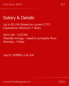 Red job poster: 'Salary & Details' with up to 50 LPA (based on current CTC), min 7 years experience, 08:10 AM–5:30 PM, Job ID and website shown at bottom.