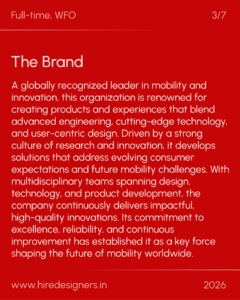 Slide with red background showing 'The Brand' title and a long descriptive paragraph about the company, with 'Full-time, WFO' at top and footer text.