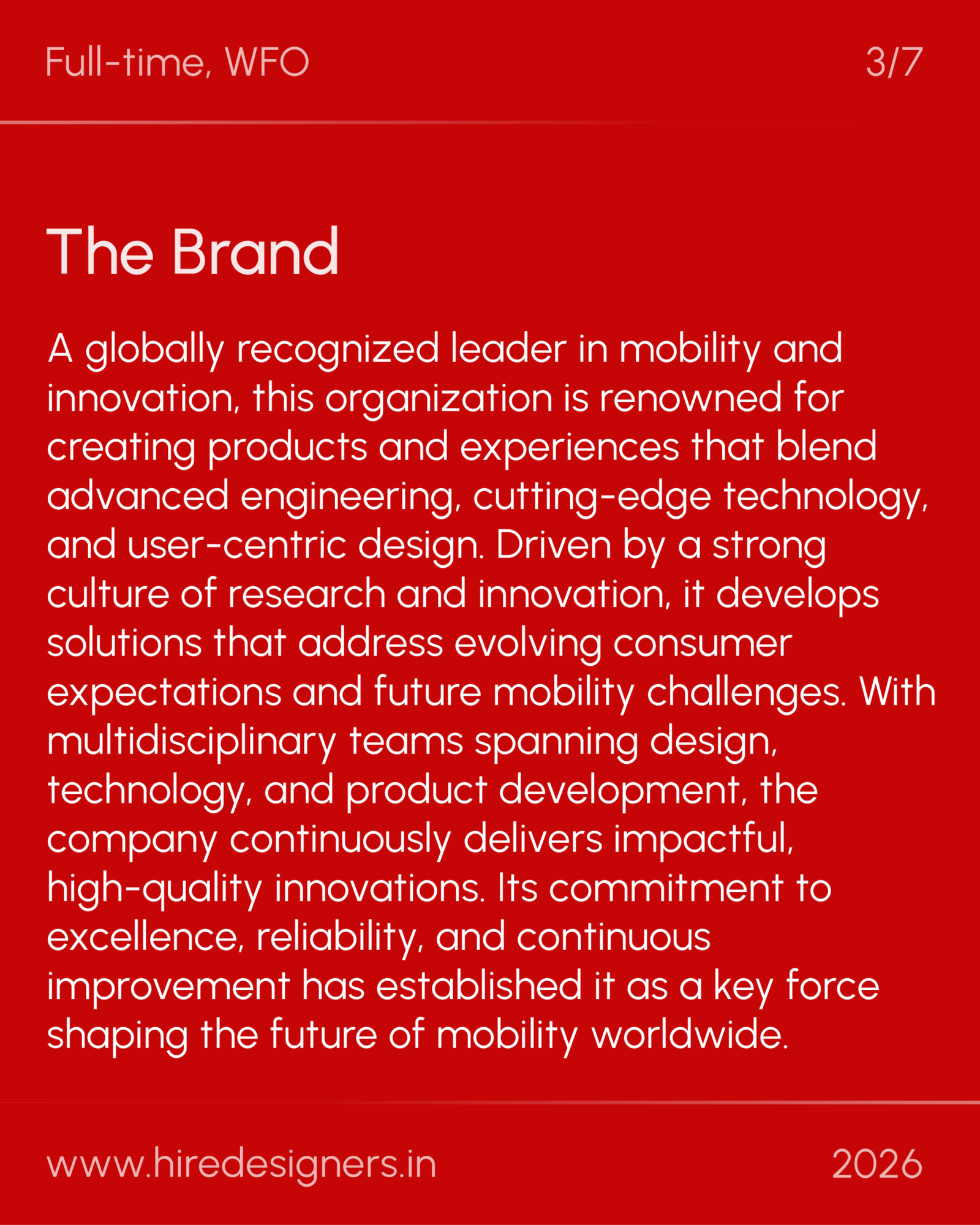 UX-CX Strategist-BNG_35 - Hire Designers Slide with red background showing 'The Brand' title and a long descriptive paragraph about the company, with 'Full-time, WFO' at top and footer text.