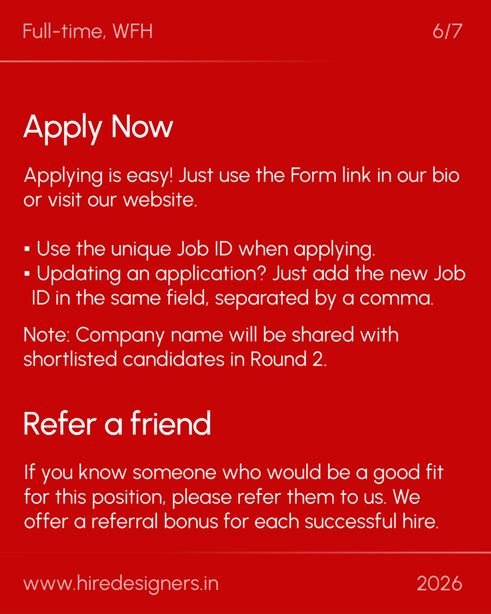 Video Editor-WFH_38 - Hire Designers Red poster-style image with a large 'Apply Now' headline and bullet-point instructions, including a website URL and year 2026.