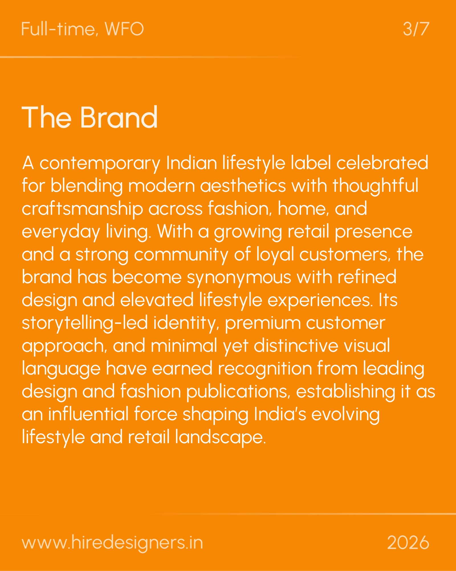 womenswear fashion designer-DEL_11 - Hire Designers Orange poster advertising 'The Brand' with a long white description on an orange background; includes www.hiredesigners.in and 2026.