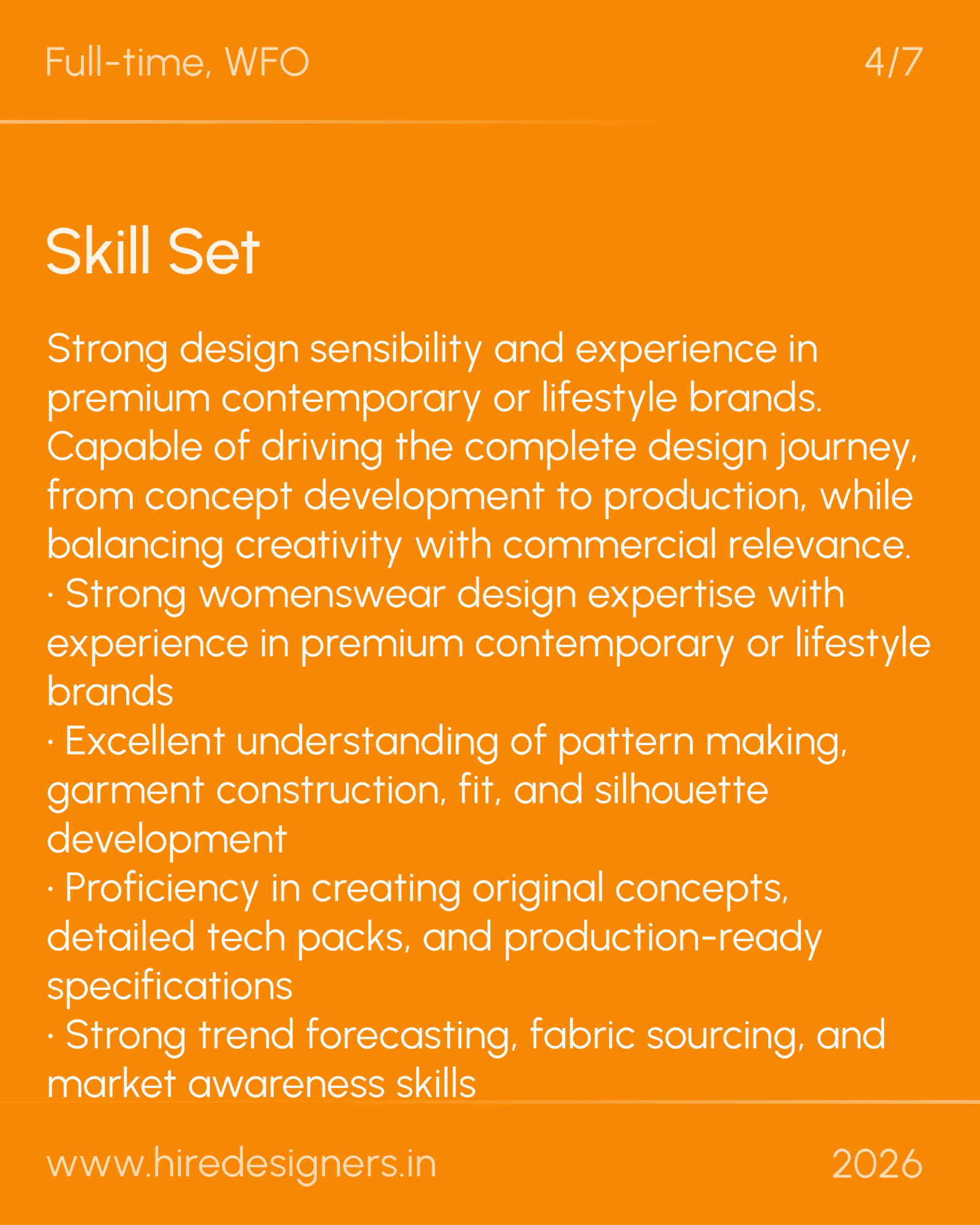 womenswear fashion designer-DEL_12 - Hire Designers Orange webpage section titled 'Skill Set' with a long white bullet-point style list of design skills on an orange background.