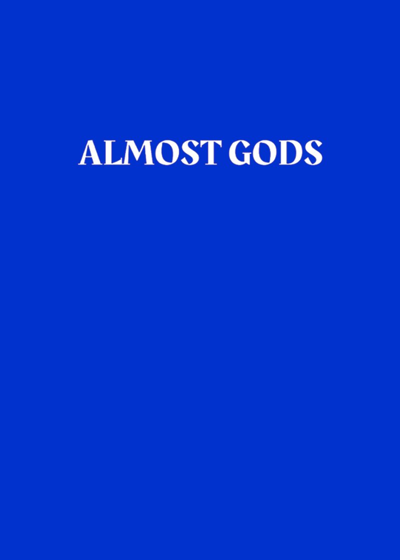 Brand logo: 'ALMOST GODS' in white on a blue background, centered text on the header.