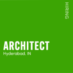 Green poster advertising a design job: 'ARCHITECT' in large white text, 'Full-time, WFO' at top, with 'Hyderabad, IN' and a website at the bottom, plus 2026 and slide number 1/7.