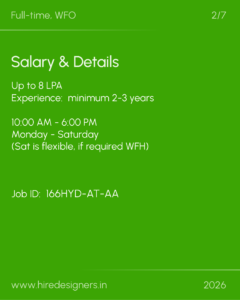 Green poster-style image with white text displaying job details: 'Salary & Details', 'Up to 8 LPA', 'Experience: minimum 2-3 years', '10:00 AM - 6:00 PM', 'Monday - Saturday', 'Job ID: 166HYD-AT-AA', URL and year 2026 at the bottom.