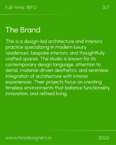 Green slide with white typography: headline 'The Brand' on a lime-green background, a long descriptive paragraph, and small captions 'Full-time, WFO' (top-left), '3/7' (top-right), 'www.hiredesigners.in' and '2026' near the bottom.