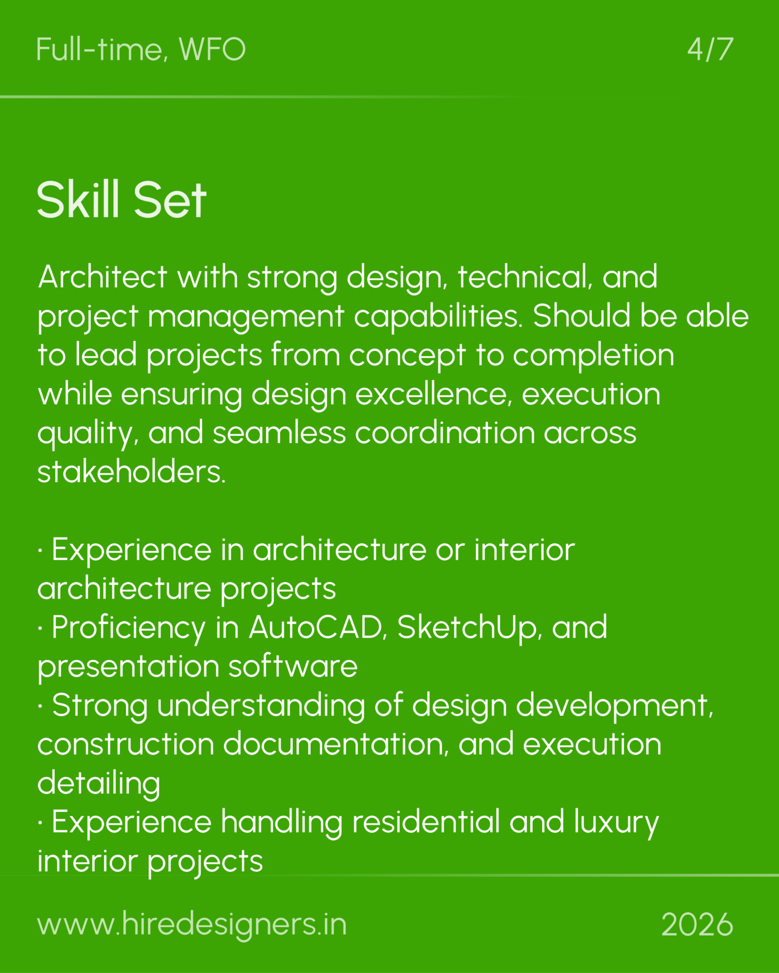 Architect-HYD_20 - Hire Designers Green resume page with a large 'Skill Set' heading and bullet-point qualifications in white text on green background.