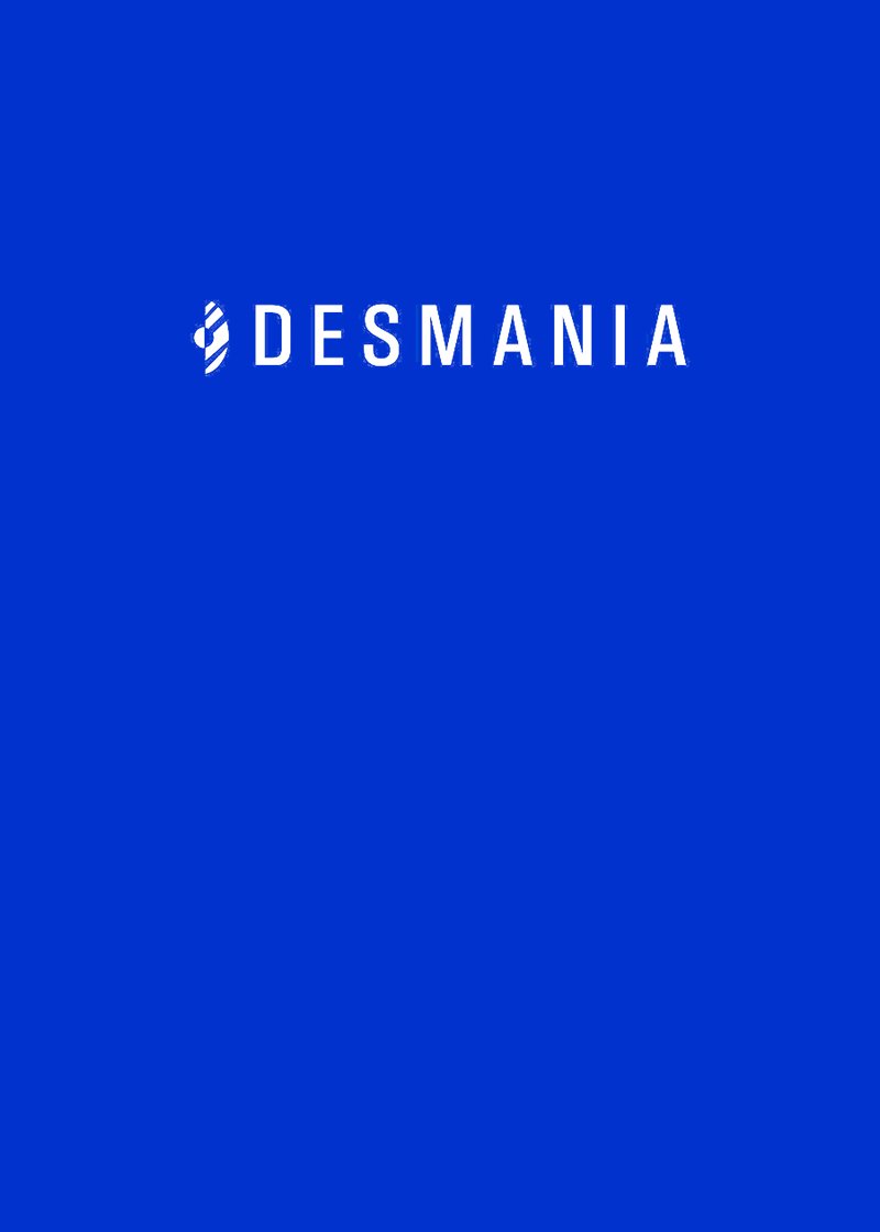 DESMANIA logo: white wordmark with a circular emblem on a solid blue background.