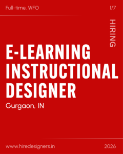 Red job advertisement poster: 'Full-time, WFO' with large white text 'E-LEARNING INSTRUCTIONAL DESIGNER' and 'Hiring' on the right; Gurgaon, IN, www.hiredesigners.in, 2026.