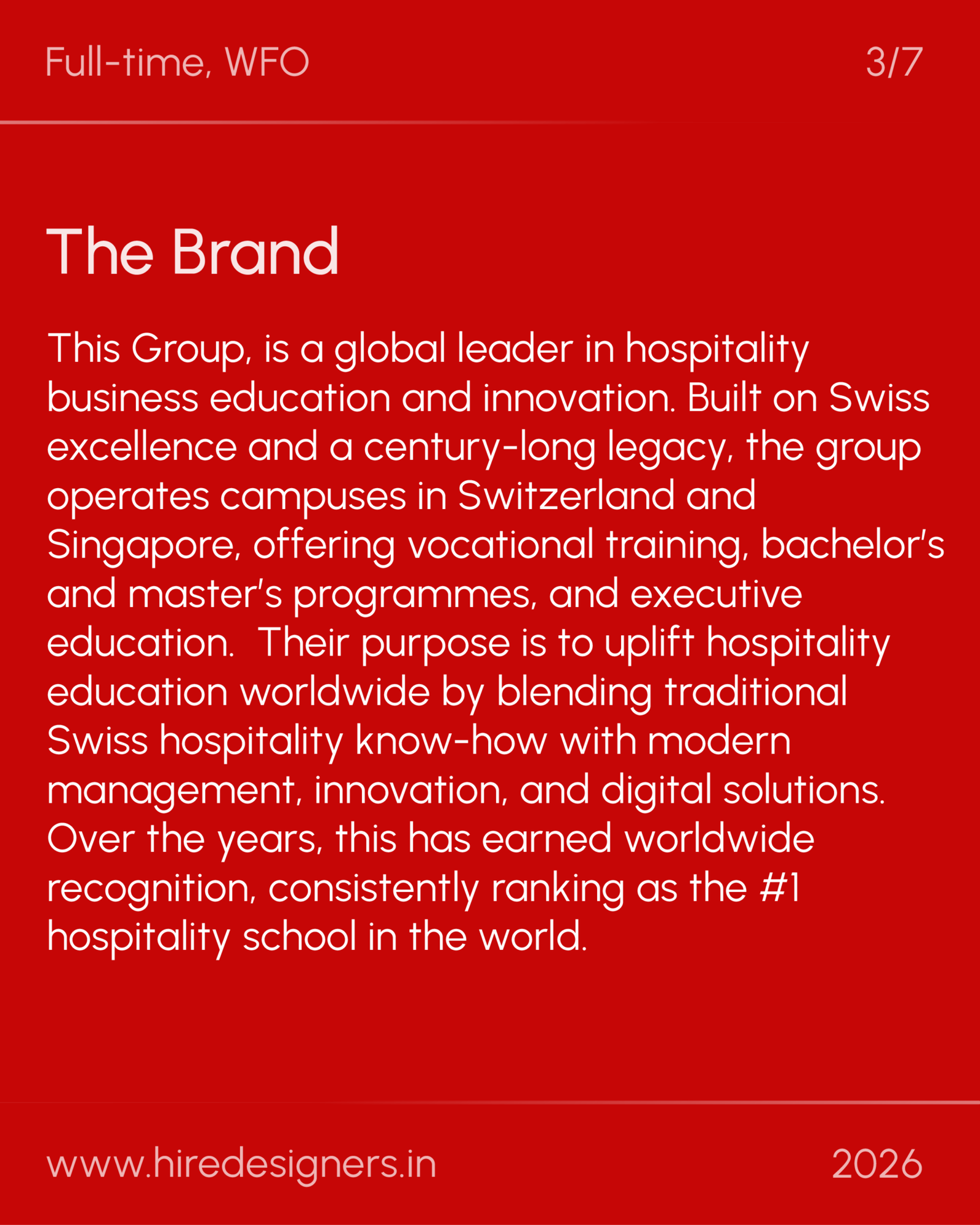 Elearning instructional designer-GGN_35 - Hire Designers Red presentation slide with the title 'The Brand' and a long descriptive paragraph about the group, plus footer showing 'www.hireddesigners.in' and '2026'.