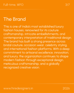 Orange slide with large white 'The Brand' heading and long paragraph about India's luxury fashion house; bottom shows 'www.hiredesigners.in' and '2026' (slide 3/7).