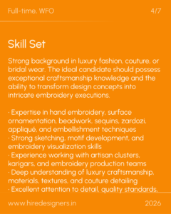 Orange infographic slide titled Skill Set listing crafts and design skills with bullets, includes www.hiredesigners.in and the year 2026.