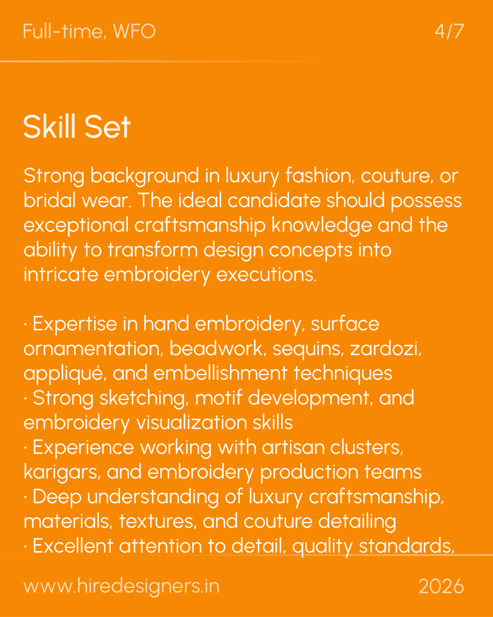 Orange infographic slide titled Skill Set listing crafts and design skills with bullets, includes www.hiredesigners.in and the year 2026.