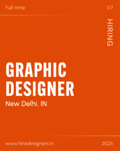 Orange poster announcing hiring for a Graphic Designer in New Delhi, India; includes www.hiredesigners.in and 2026.