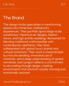 Orange design portfolio slide with 'Full-time' top-left, '3/7' top-right, big 'The Brand' heading and descriptive paragraph in white text on orange background.