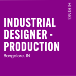 Purple job poster announcing full-time, WFO hiring for an industrial designer in Bangalore, IN; includes website and 2026.
