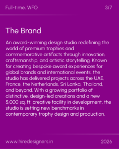 Slide 3 of 7: Purple page with heading 'The Brand' and a long paragraph describing an award‑winning design studio redefining craftsmanship and global brands.