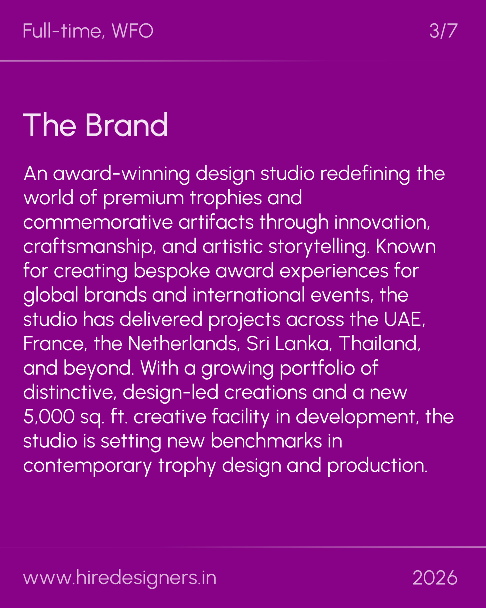 Industrial-Production-BNG_3 - Hire Designers Slide 3 of 7: Purple page with heading 'The Brand' and a long paragraph describing an award‑winning design studio redefining craftsmanship and global brands.