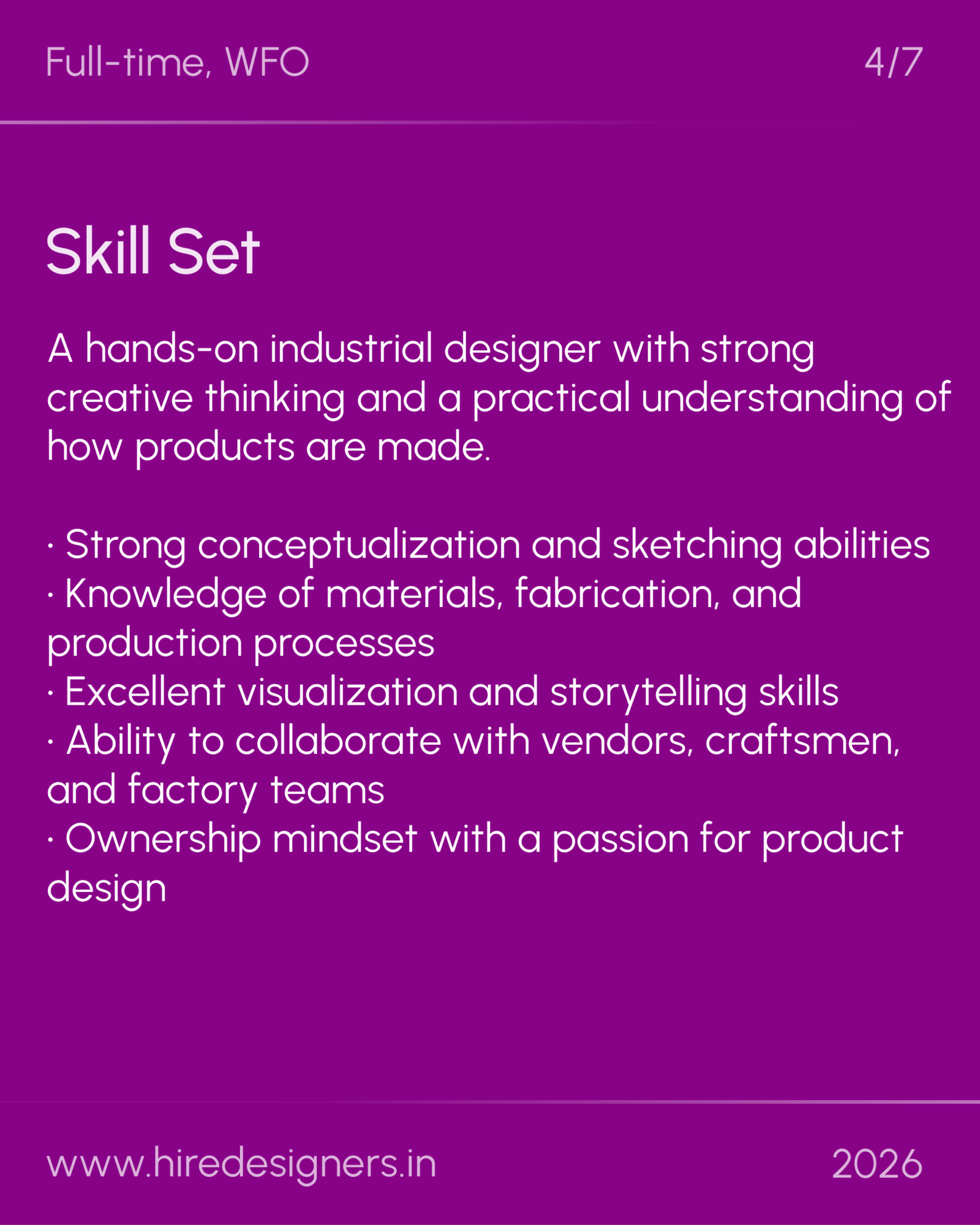 Industrial-Production-BNG_4 - Hire Designers Purple design page titled 'Skill Set' listing an industrial designer's skills in bullet points, with site (www.hiredesigners.in) and year (2026) visible at the bottom.