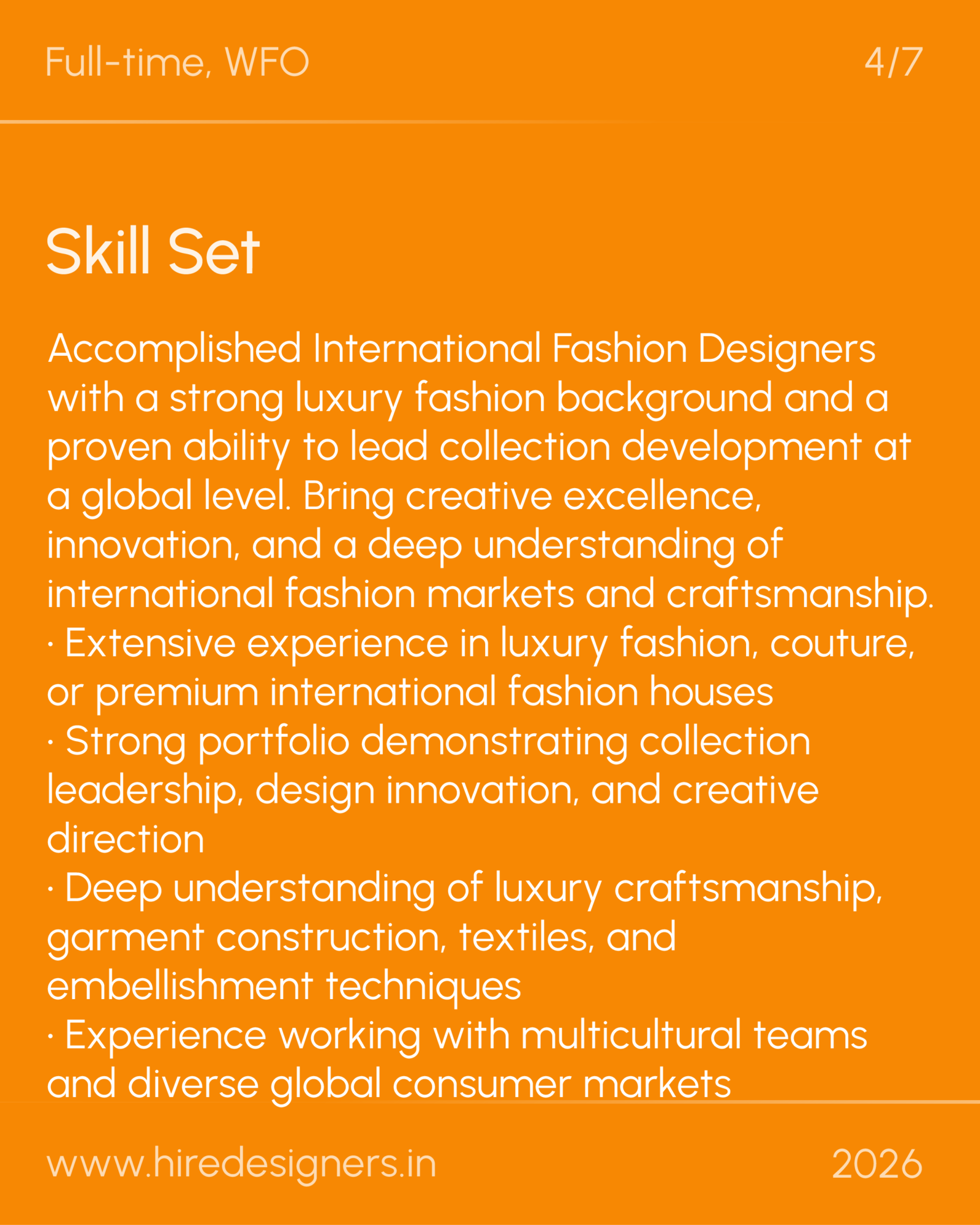 International Fashion Designer-MUM_12 - Hire Designers Orange poster-style image with large 'Skill Set' heading and a long white paragraph describing fashion design qualifications, including 'Accomplished International Fashion Designers' and a website URL at the bottom.