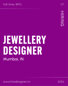 Purple recruitment poster advertising a full-time, WFO Jewellery Designer position in Mumbai, IN; includes website www.hiredesigners.in and year 2026.