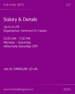 Slide from a purple presentation: 'Salary & Details' with job info like 'Up to 6 LPA' and hours details at top and bottom corners