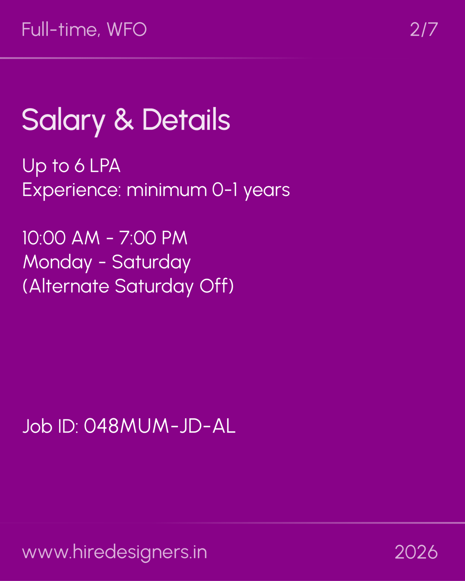 Jewellery - MUM_2-02 - Hire Designers Slide from a purple presentation: 'Salary & Details' with job info like 'Up to 6 LPA' and hours details at top and bottom corners