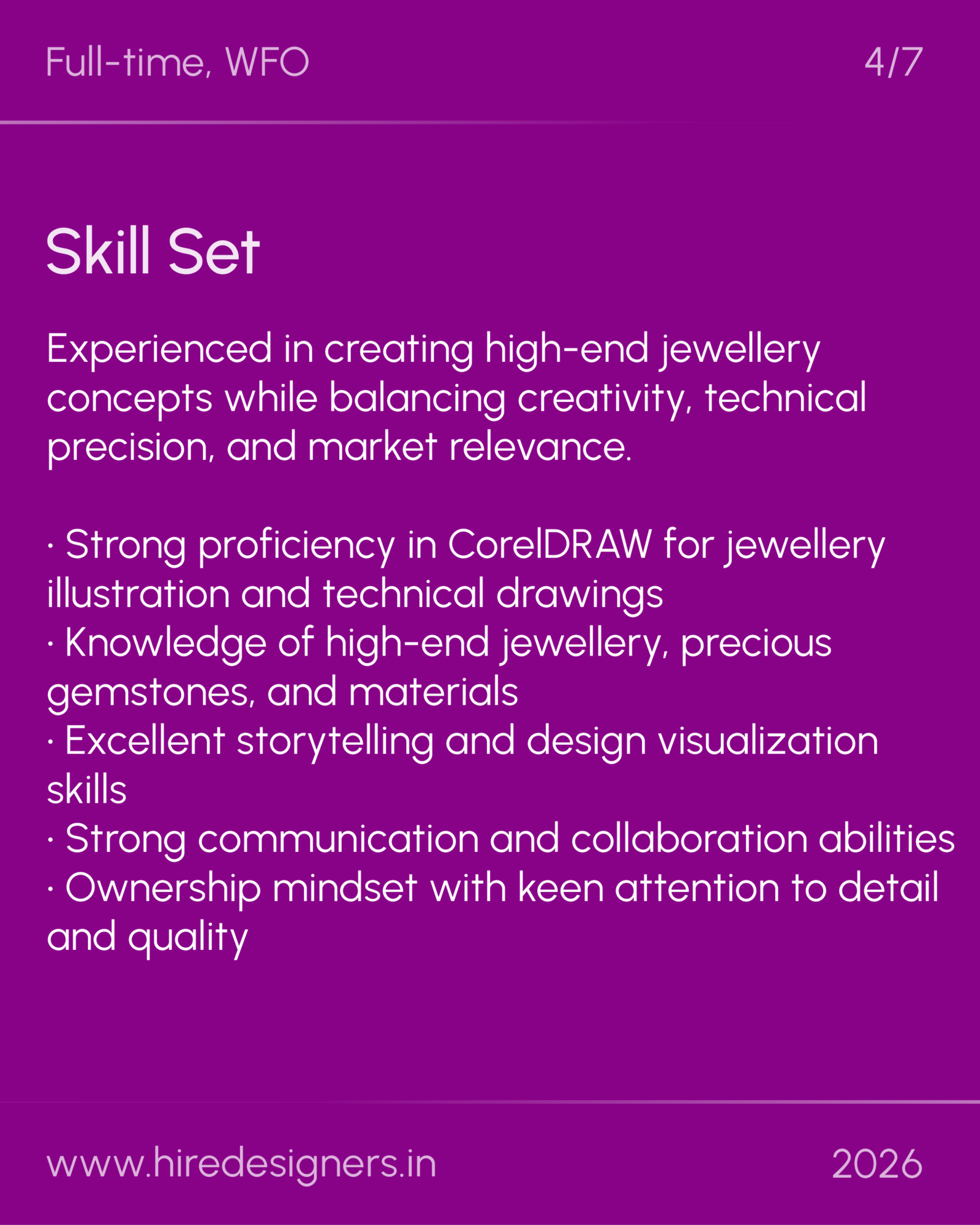 Jewellery - MUM_4 - Hire Designers Purple slide with heading 'Skill Set' and a long bulleted list of jewellery design skills on a purple background. Bottom shows 'www.hired designers.in' and year 2026.
