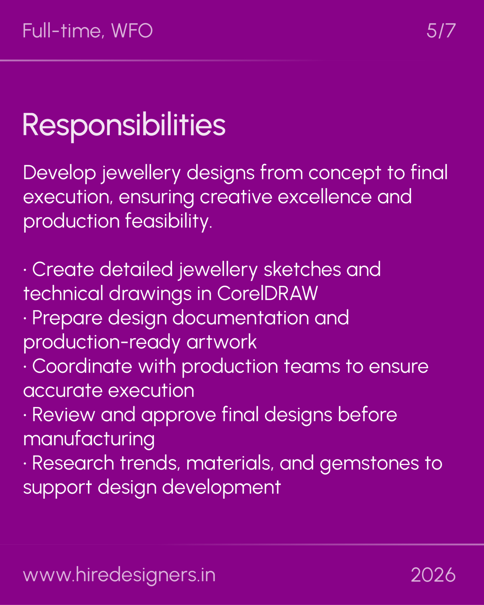 Jewellery - MUM_5 - Hire Designers Slide titled Responsibilities on a purple background; lists jewellery design tasks from concept to final execution and production Feasibility.