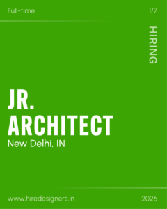 Green poster announcing a full-time architect job in New Delhi, IN; large white ARCHITECT text with New Delhi, IN below.